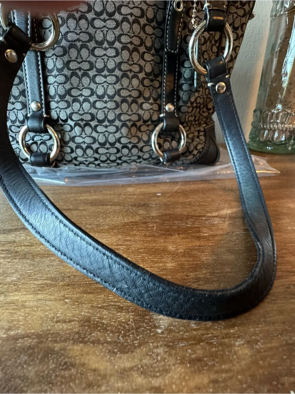 Coach Signature Pattern Black and Gray Tote with Leather Trim